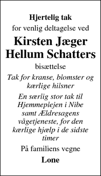 Taksigelsen for Kirsten Jæger Hellum Schatter - Nibe