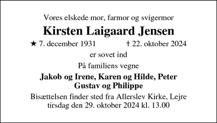 Dødsannoncen for Kirsten Laigaard Jensen - Lejre