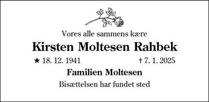 Dødsannoncen for Kirsten Moltesen Rahbek - Augustenborg