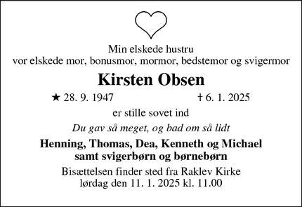 Dødsannoncen for Kirsten Obsen - Kalundborg