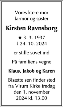 Dødsannoncen for Kirsten Ravnsborg - Espergærde