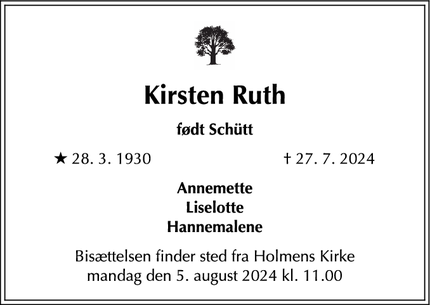 Dødsannoncen for Kirsten Ruth - København S