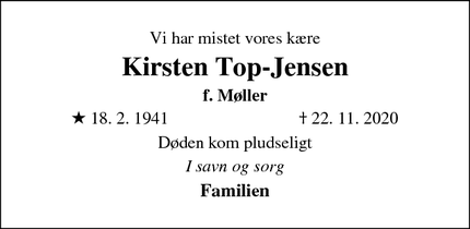 Dødsannoncen for Kirsten Top-Jensen - København