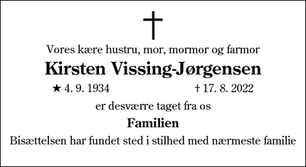 Dødsannoncen for Kirsten Vissing-Jørgensen - Esbjerg