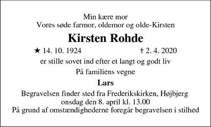 Dødsannoncen for Kirsten Rohde - Aarhus