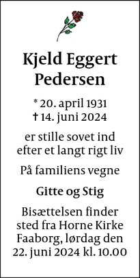 Dødsannoncen for Kjeld Eggert
Pedersen - Faaborg