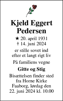 Dødsannoncen for Kjeld Eggert
Pedersen - Faaborg