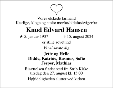 Dødsannoncen for Knud Edvard Hansen - Kolding