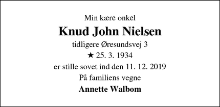 Dødsannoncen for Knud John Nielsen - København