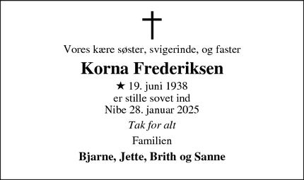 Dødsannoncen for Korna Frederiksen - Nibe