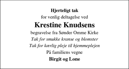 Taksigelsen for Krestine Knudsens - Sønder omme