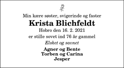 Dødsannoncen for Krista Blichfeldt - Hobro 