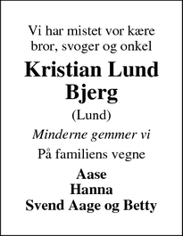 Dødsannoncen for Kristian Lund
Bjerg - Lemvig