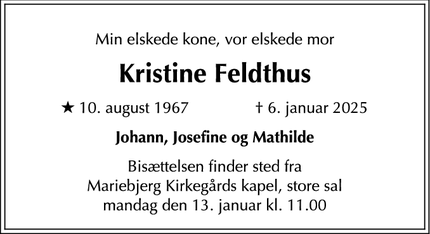 Dødsannoncen for Kristine Feldthus - Malmø