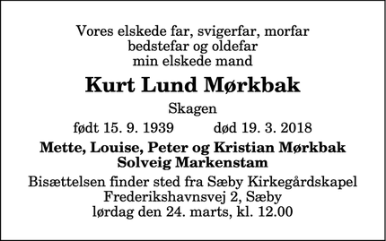 Dødsannoncen for Kurt Lund Mørkbak - Skagen