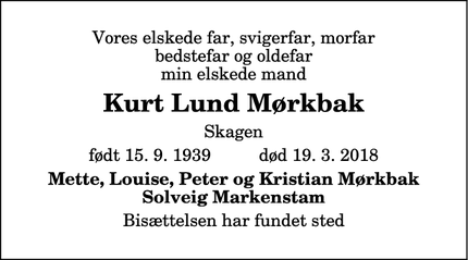 Dødsannoncen for Kurt Lund Mørkbak - Skagen