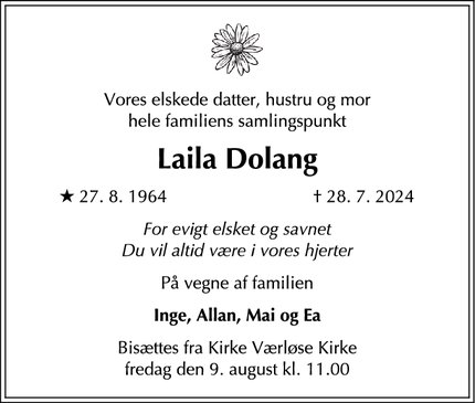 Dødsannoncen for Laila Dolang - Farum