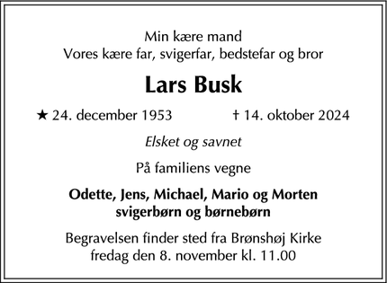 Dødsannoncen for Lars Busk - Frederiksberg