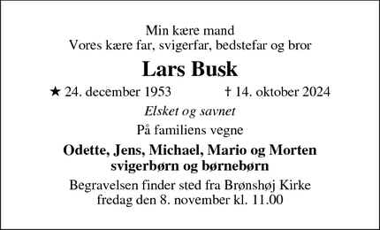 Dødsannoncen for Lars Busk - Frederiksberg