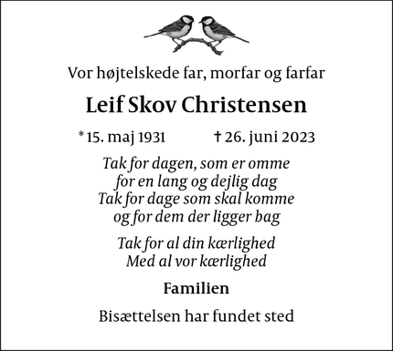 Dødsannoncen for Leif Skov Christensen - 2770 Tårnby