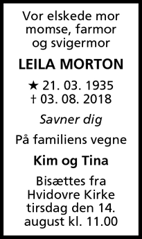 Dødsannoncen for Leila MORTON - Hvidovre