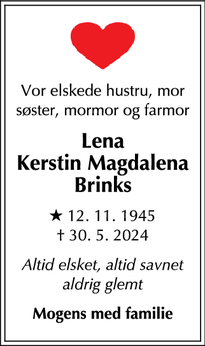 Dødsannoncen for Lena
Kerstin Magdalena
Brinks - Skodsborg
