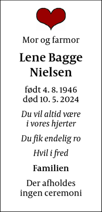 Dødsannoncen for Lene Bagge
Nielsen - Levet i København opvokset i Nordjylland