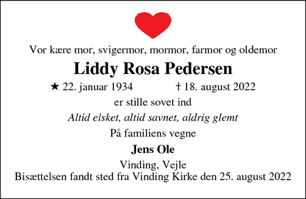 Dødsannoncen for Liddy Rosa Pedersen - Holstebro