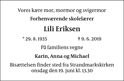 Dødsannoncen for Lili Eriksen - Hvidovre