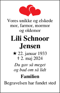Dødsannoncen for Lili Schnoor
Jensen - Borup