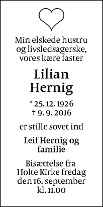 Dødsannoncen for Lilian Hernig - Holte