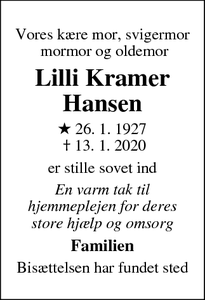 Dødsannoncen for Lilli Kramer Hansen - Bastrup, 3540 Lynge