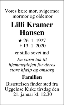 Dødsannoncen for Lilli Kramer Hansen - Bastrup, 3540 Lynge