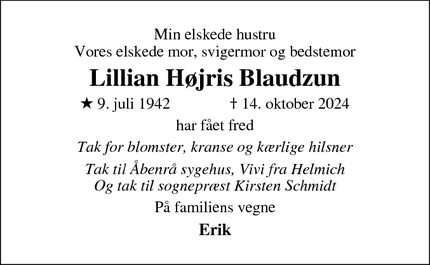 Dødsannoncen for Lillian Højris Blaudzun - Gråsten