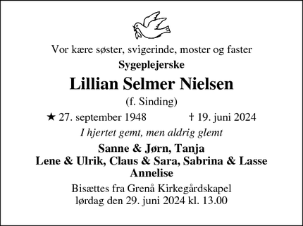 Dødsannoncen for Lillian Selmer Nielsen - Grenå