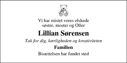 Dødsannoncen for Lillian Sørensen - Ringe