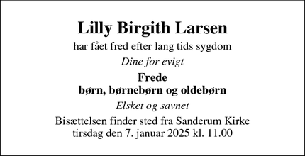 Dødsannoncen for Lilly Birgith Larsen - odense