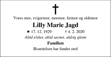 Dødsannoncen for Lilly Marie Jagd - Kolding 