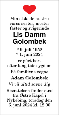 Dødsannoncen for Lis Damm
Golombek - Nykøbing F. 