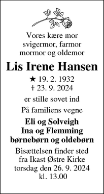 Dødsannoncen for Lis Irene Hansen - Ikast