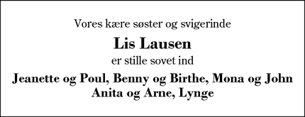 Dødsannoncen for Lis Lausen - Sunds