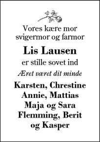 Dødsannoncen for Lis Lausen - Lind