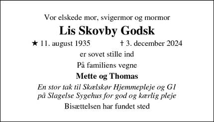 Dødsannoncen for Lis Skovby Godsk - Skælskør