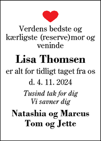 Dødsannoncen for Lisa Thomsen - Skarrild 