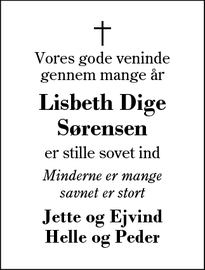 Dødsannoncen for Lisbeth Dige
Sørensen - Herning