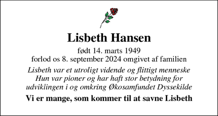 Dødsannoncen for Lisbeth Hansen - Torup