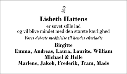 Dødsannoncen for Lisbeth Hattens - Herning