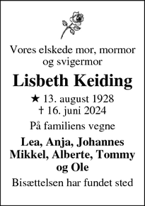 Dødsannoncen for Lisbeth Keiding - Hillerød