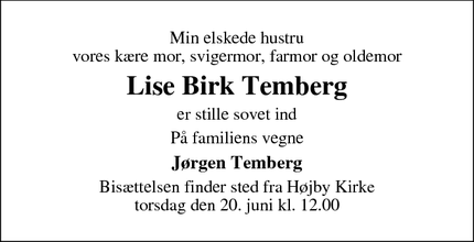 Dødsannoncen for Lise Birk Temberg - odense 