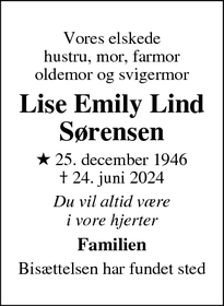 Dødsannoncen for Lise Emily Lind Sørensen - Solrød